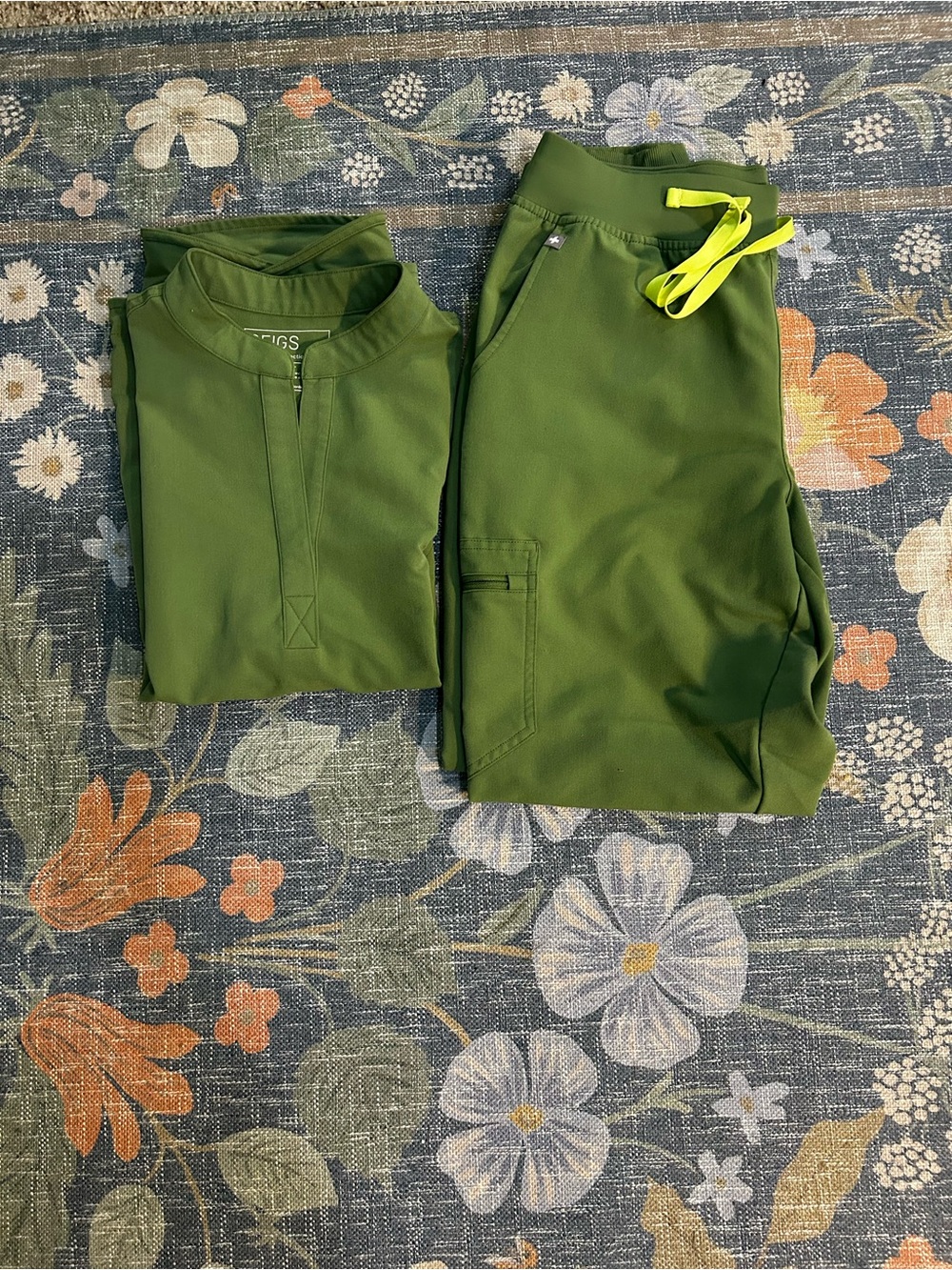 Figs Fern Green Rafaela Scrub Top and Zamora Jogger Set with Neon Drawstrings